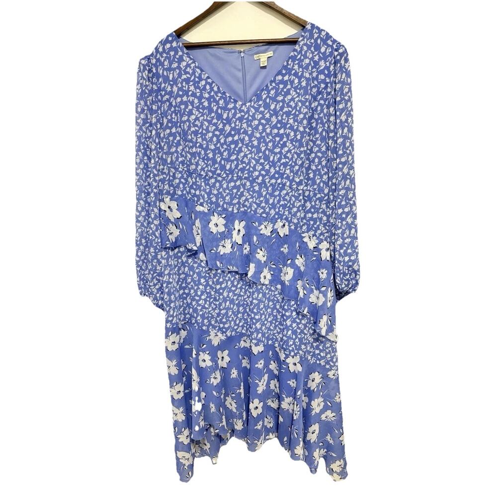 Cato Blue Floral Ruffle Dress Plus Size 26/28W Long Sleeve Midi